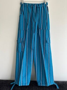 Peru/Ecuador Handmade Cotton Boho Unisex Blue Striped Pants Joggers Medium